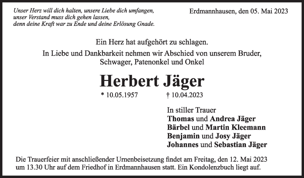  Traueranzeige für Herbert Jäger vom 05.05.2023 aus Marbacher Zeitung