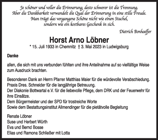Traueranzeige von Horst Arno Löbner von Marbacher Zeitung