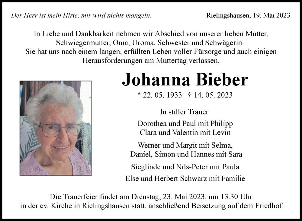  Traueranzeige für Johanna Bieber vom 19.05.2023 aus Marbacher Zeitung