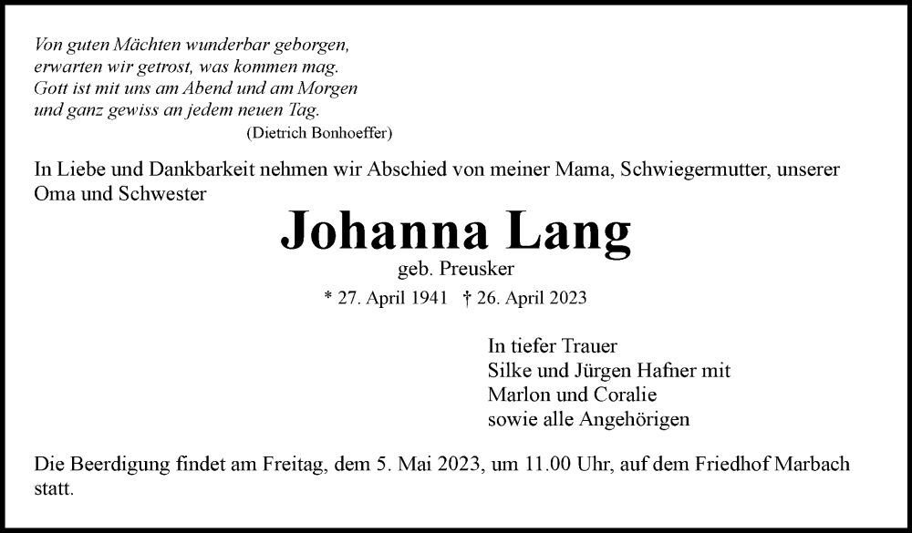  Traueranzeige für Johanna Lang vom 03.05.2023 aus Marbacher Zeitung