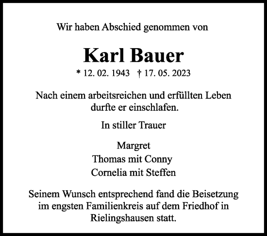 Traueranzeige von Karl Bauer von Marbacher Zeitung