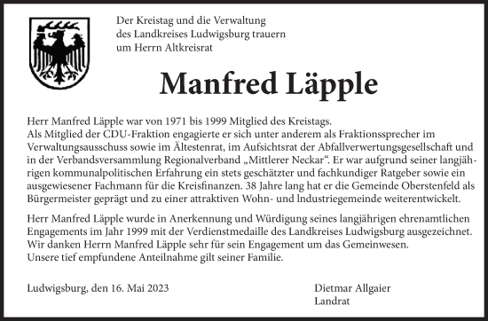Traueranzeige von Manfred Läpple von Marbacher Zeitung