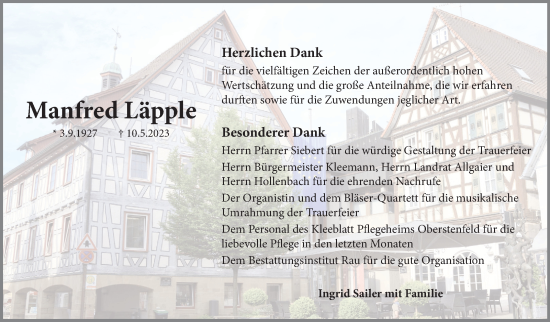 Traueranzeige von Manfred Läpple von Marbacher Zeitung