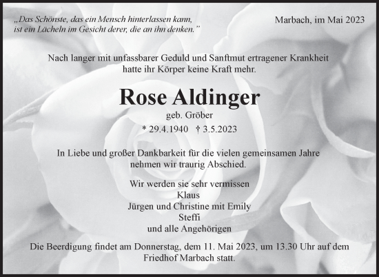 Traueranzeige von Rose Aldinger von Marbacher Zeitung