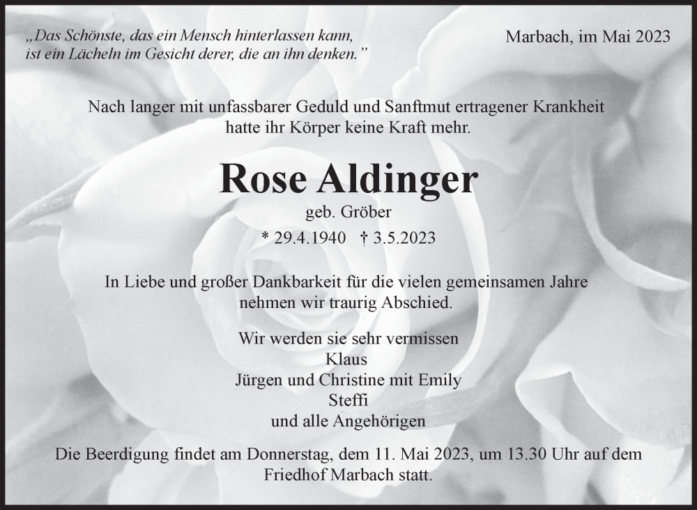  Traueranzeige für Rose Aldinger vom 09.05.2023 aus Marbacher Zeitung