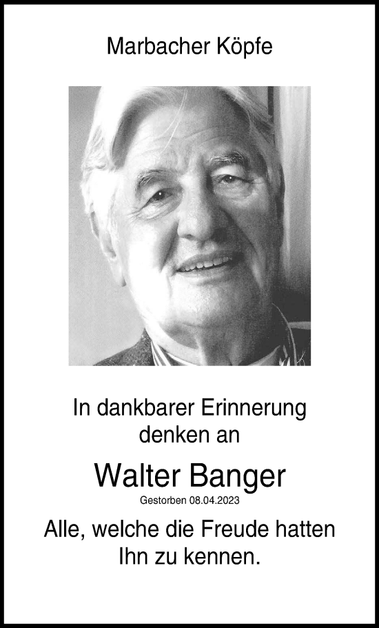 Traueranzeige von Walter Banger von Marbacher Zeitung