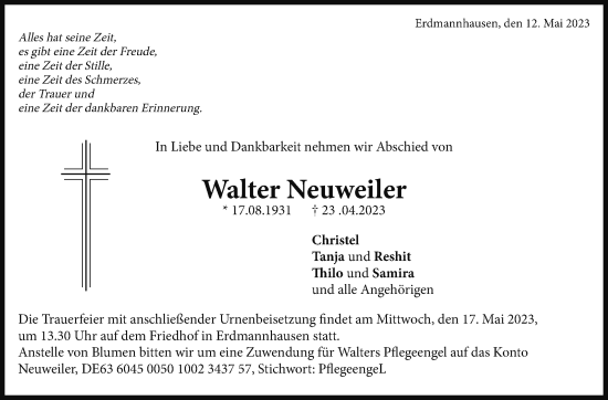 Traueranzeige von Walter Neuweiler von Marbacher Zeitung