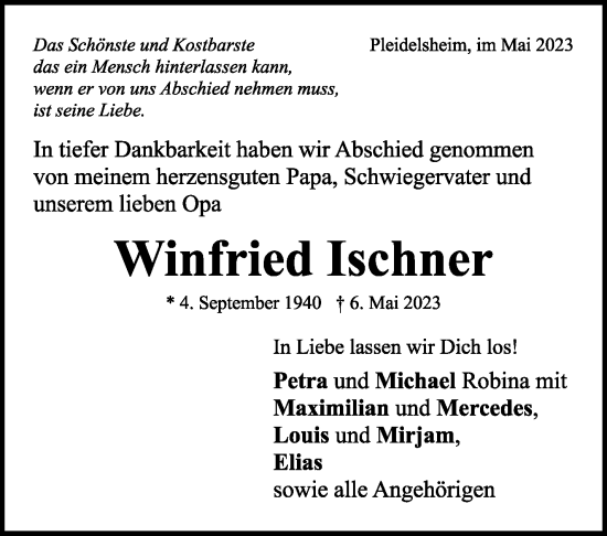 Traueranzeige von Winfried Ischner von Marbacher Zeitung