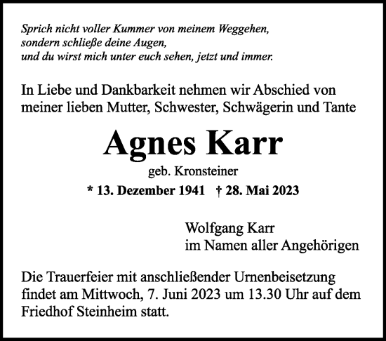Traueranzeige von Agnes Karr von Marbacher Zeitung