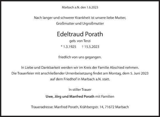 Traueranzeige von Edeltraud Porath von Marbacher Zeitung