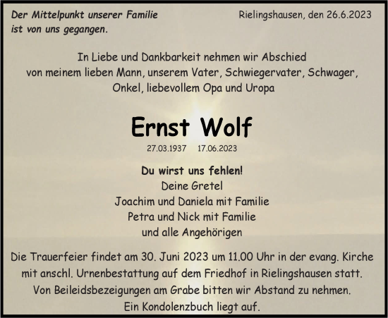 Traueranzeige von Ernst Wolf von Marbacher Zeitung