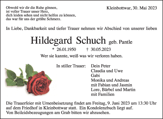 Traueranzeige von Hildegard Schuch von Marbacher Zeitung