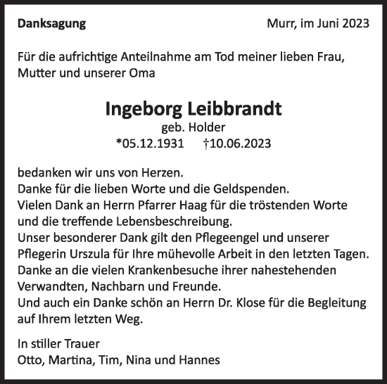 Traueranzeige von Ingeborg Leibbrandt von Marbacher Zeitung