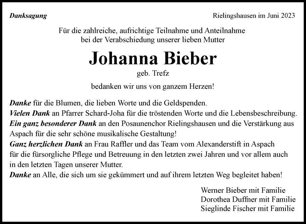  Traueranzeige für Johanna Bieber vom 21.06.2023 aus Marbacher Zeitung