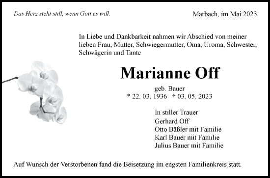 Traueranzeige von Marianne Off von Marbacher Zeitung