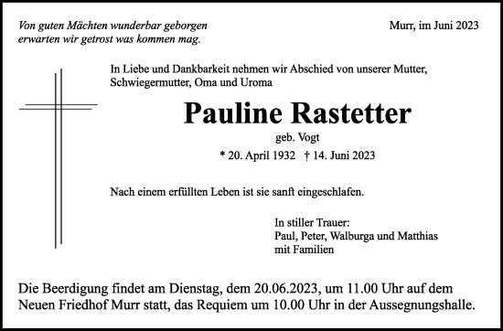 Traueranzeige von Pauline Rastetter von Marbacher Zeitung