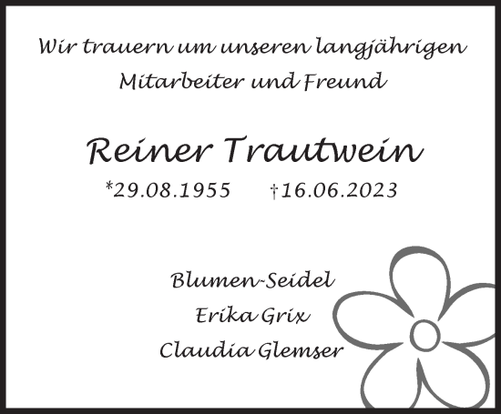 Traueranzeige von Reiner Trautwein von Marbacher Zeitung