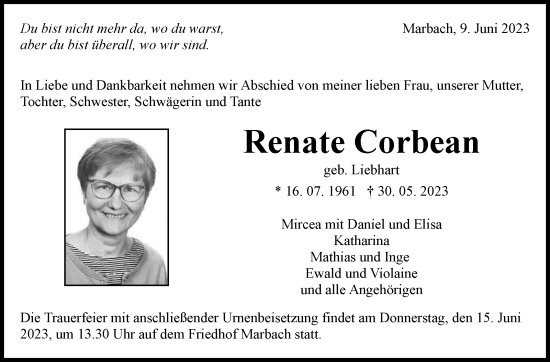 Traueranzeige von Renate Corbean von Marbacher Zeitung