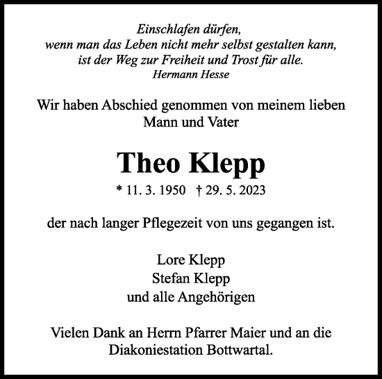 Traueranzeige von Theo Klepp von Marbacher Zeitung