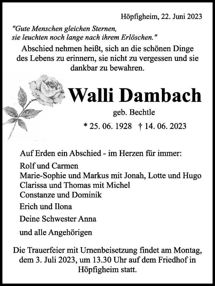  Traueranzeige für Walli Dambach vom 22.06.2023 aus Marbacher Zeitung