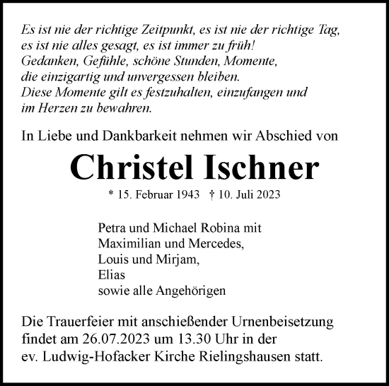 Traueranzeige von Christel Ischner von Marbacher Zeitung