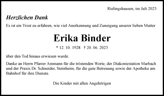 Traueranzeige von Erika Binder von Marbacher Zeitung