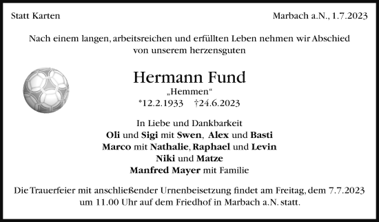 Traueranzeige von Hermann Fund von Marbacher Zeitung