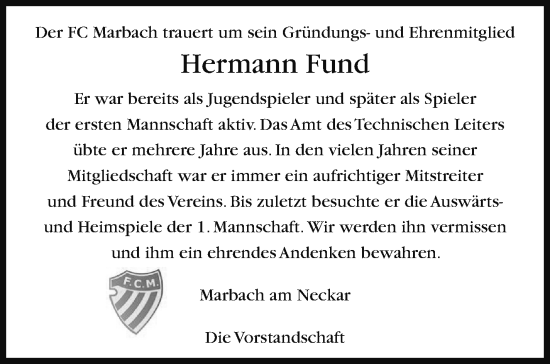 Traueranzeige von Hermann Fund von Marbacher Zeitung