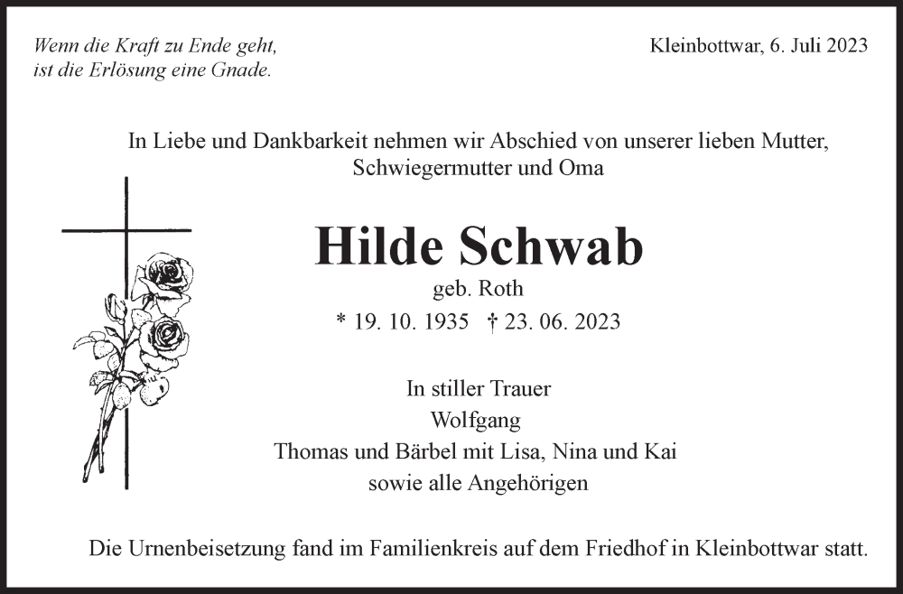  Traueranzeige für Hilde Schwab vom 06.07.2023 aus Marbacher Zeitung