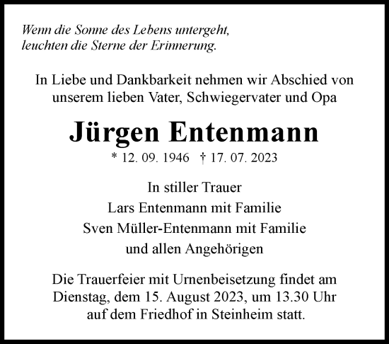 Traueranzeige von Jürgen Entenmann von Marbacher Zeitung