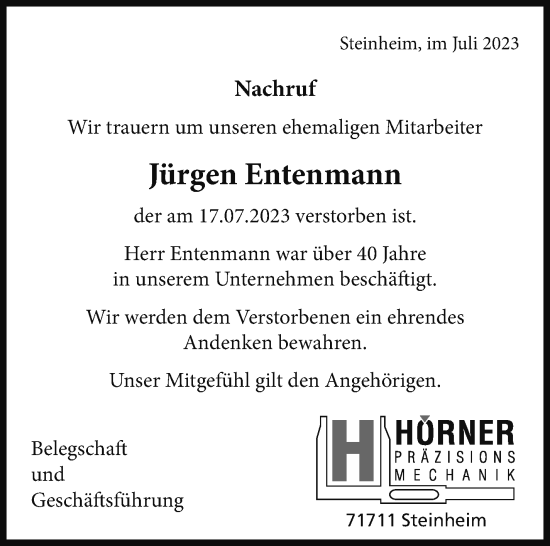 Traueranzeige von Jürgen Entenmann von Marbacher Zeitung