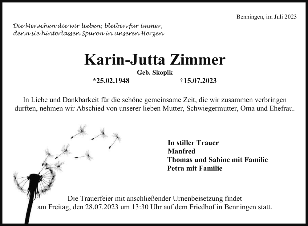  Traueranzeige für Karin-Jutta Zimmer vom 20.07.2023 aus Marbacher Zeitung