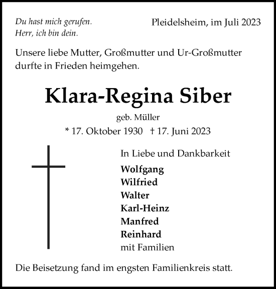 Traueranzeige von Klara-Regina Siber von Marbacher Zeitung