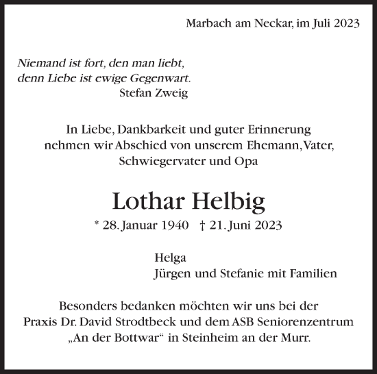 Traueranzeige von Lothar Helbig von Marbacher Zeitung