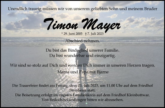 Traueranzeige von Timon Mayer von Marbacher Zeitung