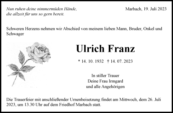 Traueranzeige von Ulrich Franz von Marbacher Zeitung