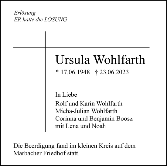 Traueranzeige von Ursula Wohlfarth von Marbacher Zeitung