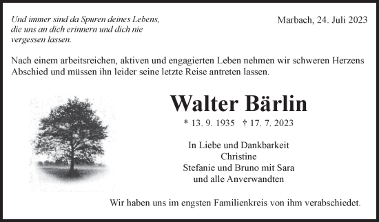 Traueranzeige von Walter Bärlin von Marbacher Zeitung