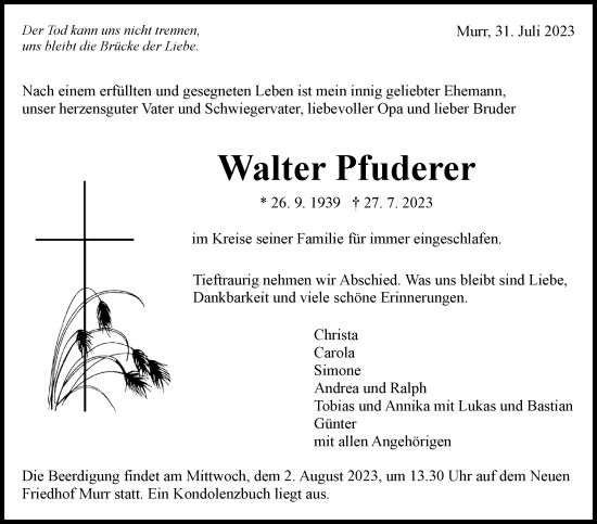 Traueranzeige von Walter Pfuderer von Marbacher Zeitung