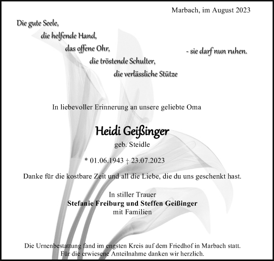 Traueranzeige von Heidi Geißinger von Marbacher Zeitung