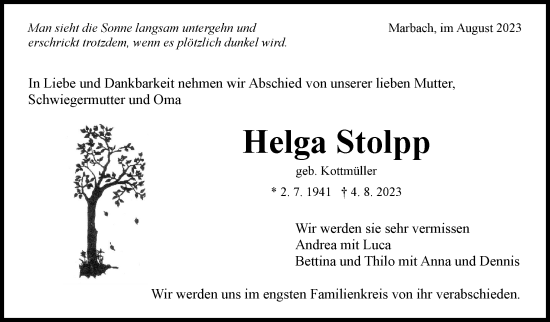 Traueranzeige von Helga Stolpp von Marbacher Zeitung