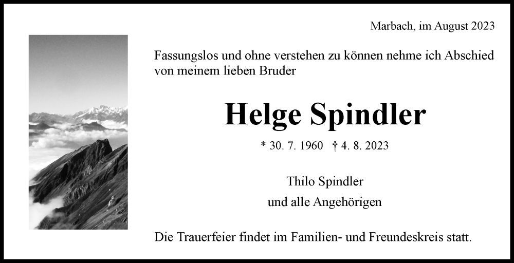  Traueranzeige für Helge Spindler vom 11.08.2023 aus Marbacher Zeitung