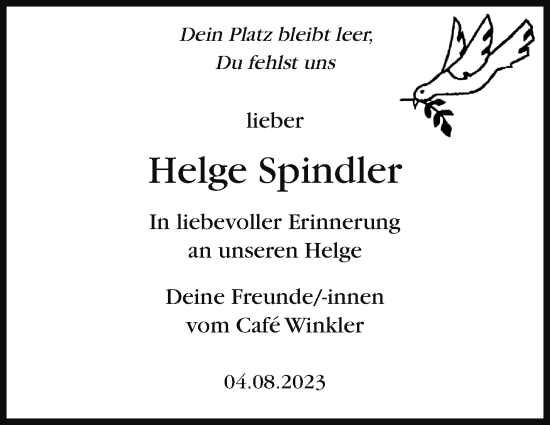Traueranzeige von Helge Spindler von Marbacher Zeitung