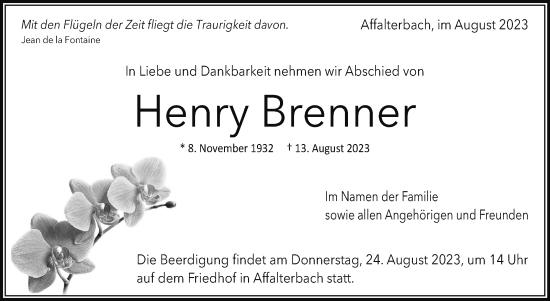 Traueranzeige von Henry Brenner von Marbacher Zeitung