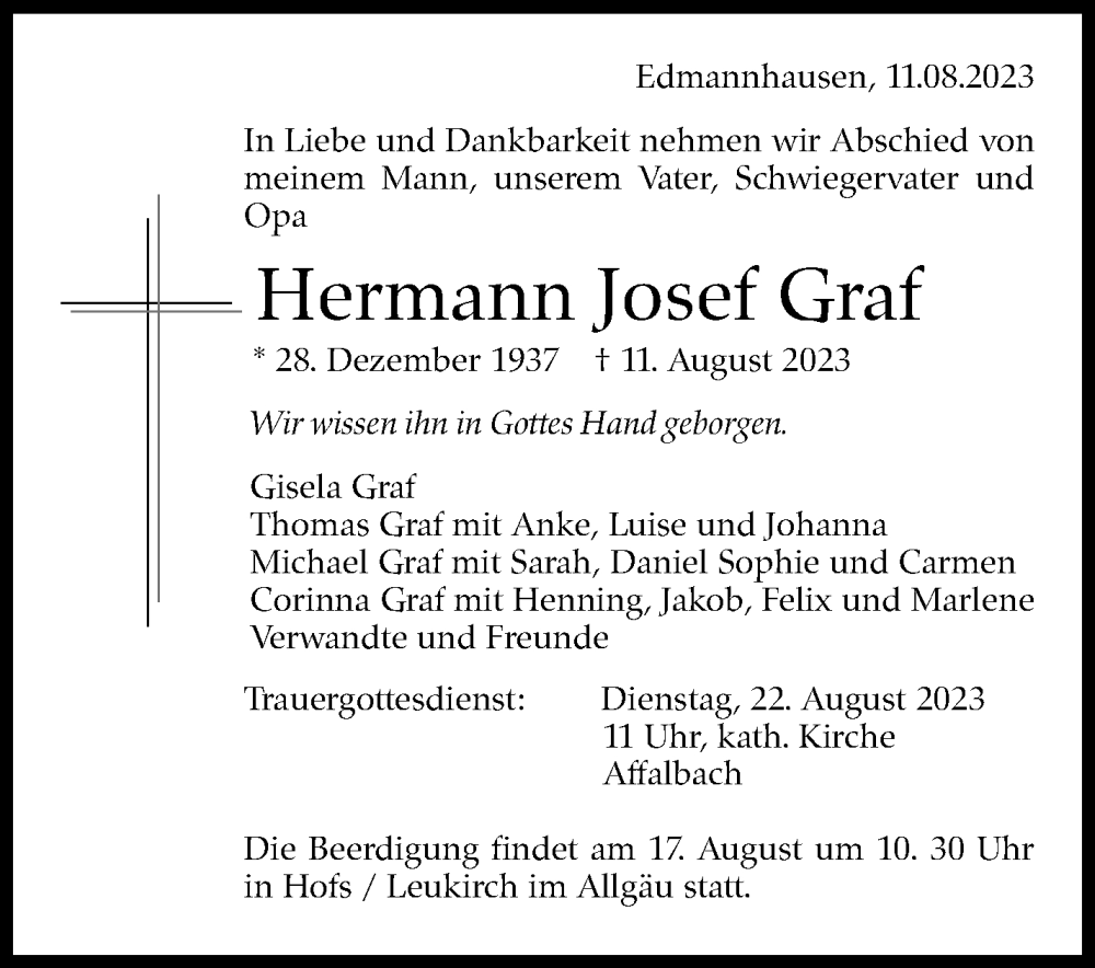  Traueranzeige für Hermann Josef Graf vom 16.08.2023 aus Marbacher Zeitung