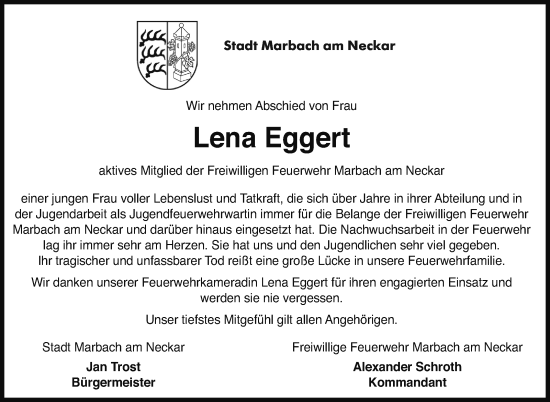 Traueranzeige von Lena Eggert von Marbacher Zeitung
