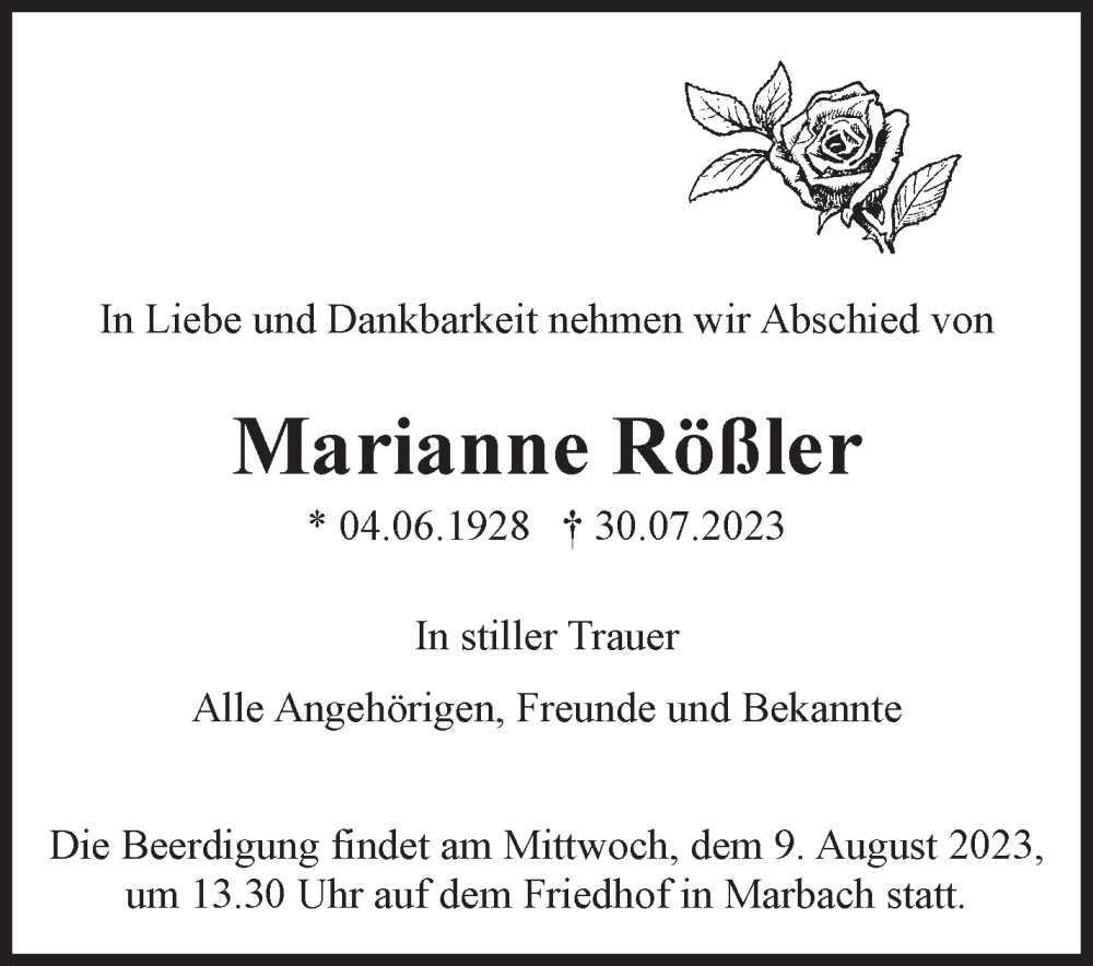  Traueranzeige für Marianne Rößler vom 04.08.2023 aus Marbacher Zeitung