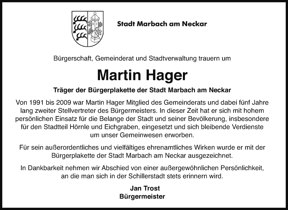  Traueranzeige für Martin Hager vom 25.08.2023 aus Marbacher Zeitung