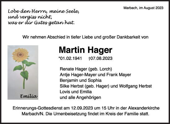 Traueranzeige von Martin Hager von Marbacher Zeitung
