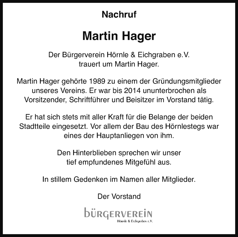  Traueranzeige für Martin Hager vom 30.08.2023 aus Marbacher Zeitung